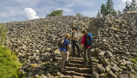 Ranger mit Besuchenden auf dem Ringwall